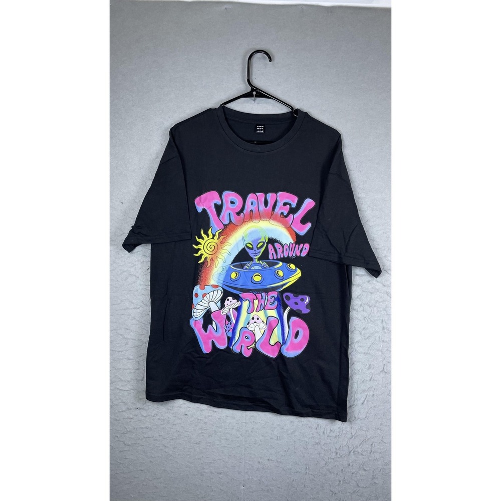 SheIn‎ Shirt Womens Medium Black Travel Around The World Alien Graphic Tee Top